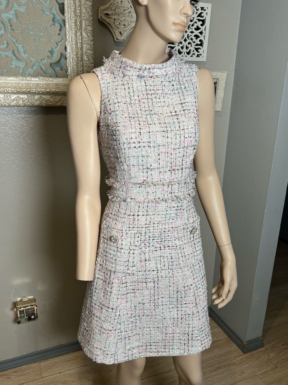 Sleeveless Tweed A-Line Dress in Pastel Pink - Picture 4 of 15